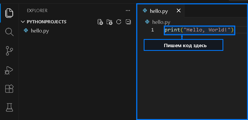 Файл hello.py с первой командой Python в VS Code