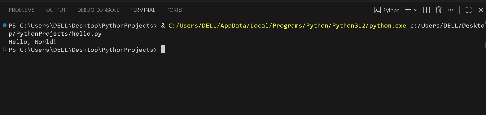 Вывод Hello, World! в терминале VS Code